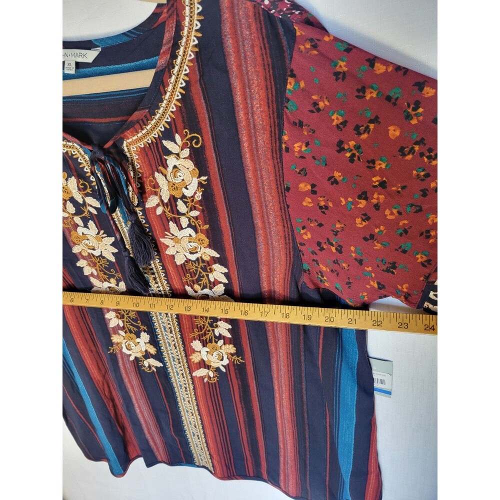 John Mark Womens Embroidered Stripe Tassel Tie Tunic Boho Floral Contrast XL - Picture 8 of 12